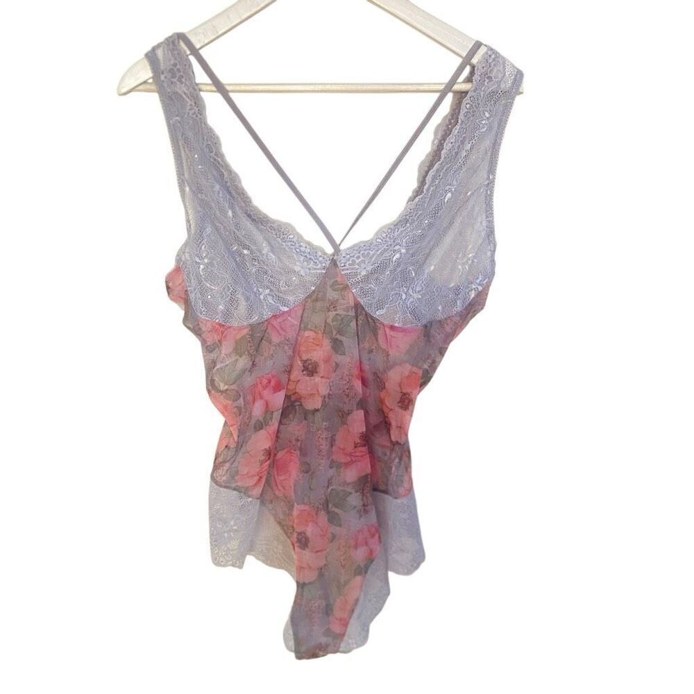 Mapale bodysuit nightie lace up back lace trim floral size 1X/2X